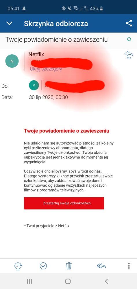 netflix powiadomienie o zawieszeniu konta phishing email oszustwo scam 