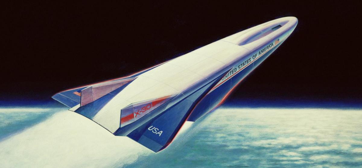 Rockwell X-30. Ten samolot miał latać w kosmos i na orbitę Ziemi. Miał też sam wracać i lądować. Miał