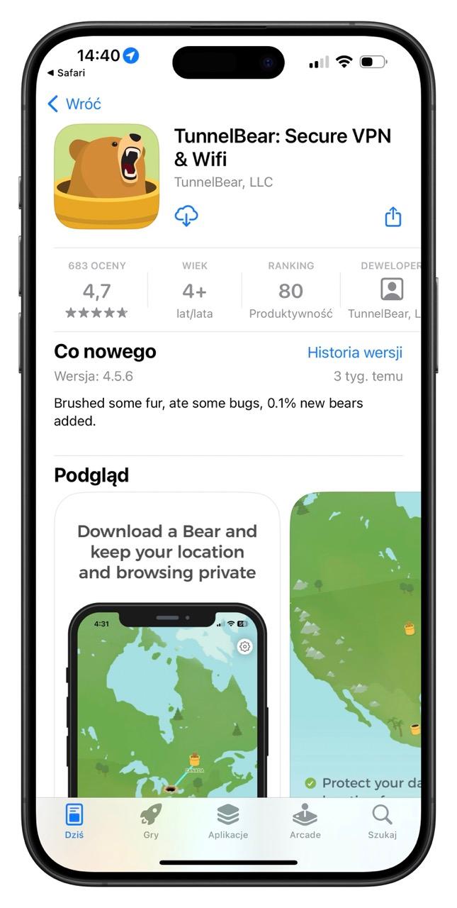 VPN na iPhone’a: TunnelBear w sklepie App Store class="wp-image-4812881" 
