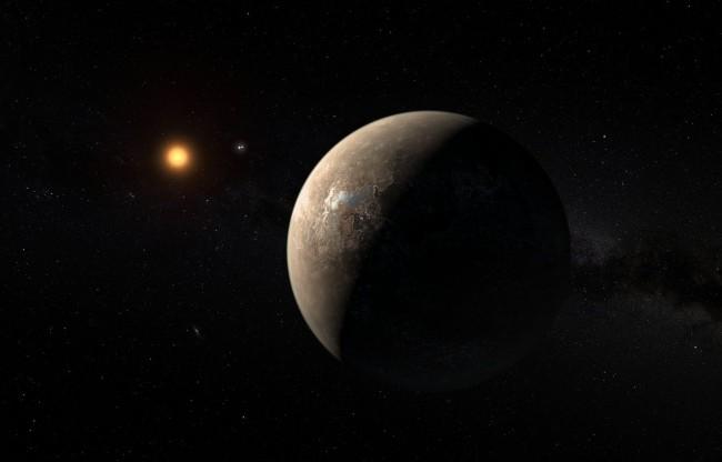 This artist’s impression shows the planet Proxima b orbiting the red dwarf star Proxima Centauri, the closest star to the Solar System. The double star Alpha Centauri AB also appears in the image between the planet and Proxima itself. Proxima b is a little more massive than the Earth and orbits in the habitable zone around Proxima Centauri, where the temperature is suitable for liquid water to exist on its surface. class="wp-image-512631" 