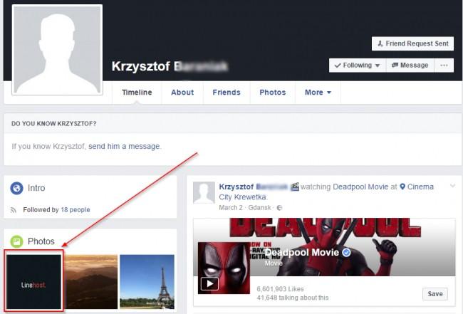 Rzut ekranu z profilu B. na Facebooku pokazujący informację o LineHost. 