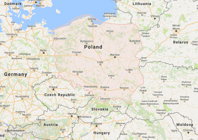 Mapa Polski według Google Maps. class="wp-image-527844" 