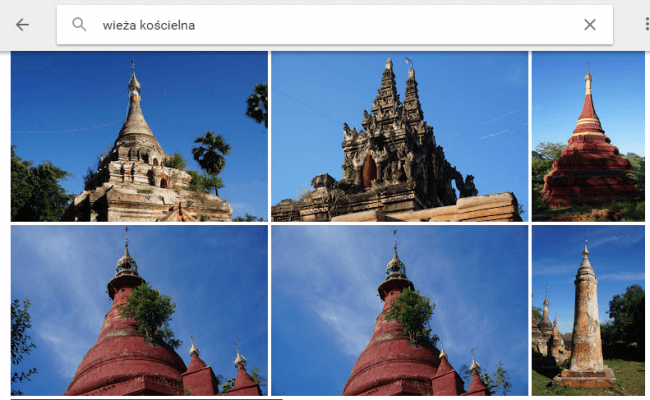 Zrzut ekranu z Google Photos. Na zdjęciach birmańskie pagody, które z wyglądu przypominają wieże. 