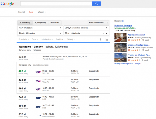 google flights wyniki 