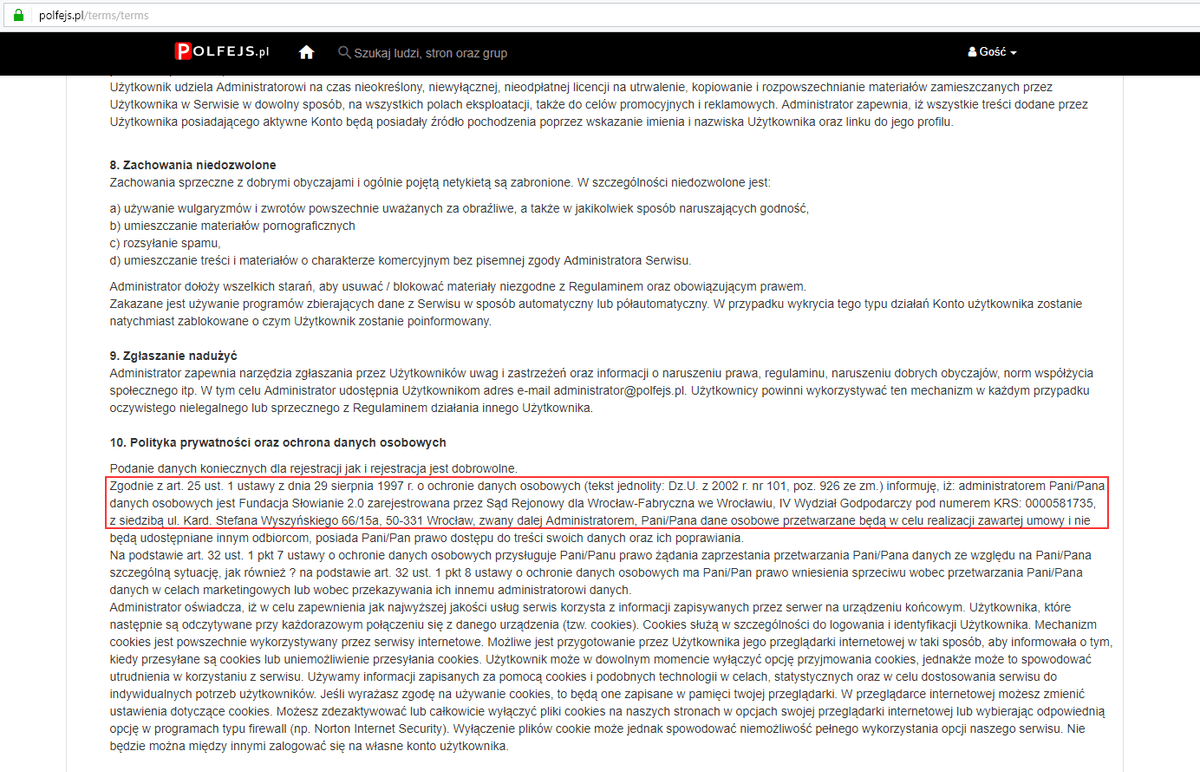 W regulaminie serwisu Polfejs.pl znajdowały się informacje o Fundacji Słowianie 2.0, z którą witryna nie ma nic wspólnego class="wp-image-598994" 