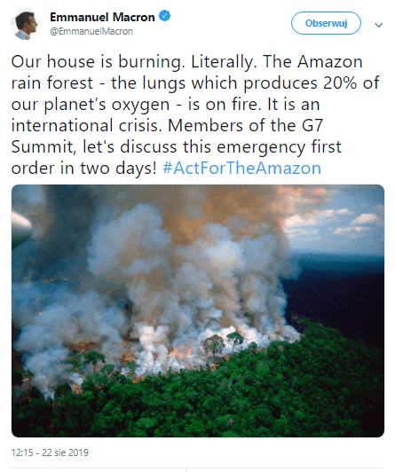 Emmanuel Macron tweet lasy Amazonii 