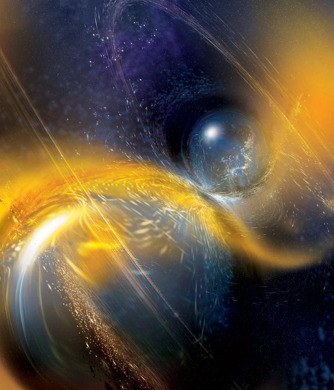 Wizja artystyczna przedstawiająca proces łączenia dwóch gwiazd neutronowych. Źródło: NSF/LIGO/Sonoma State University/A. Simonnet