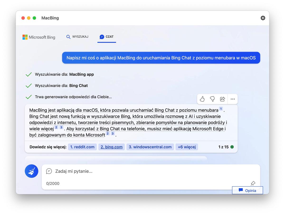 MacBing to aplikacja na macOS do obsługi Bing Chat 