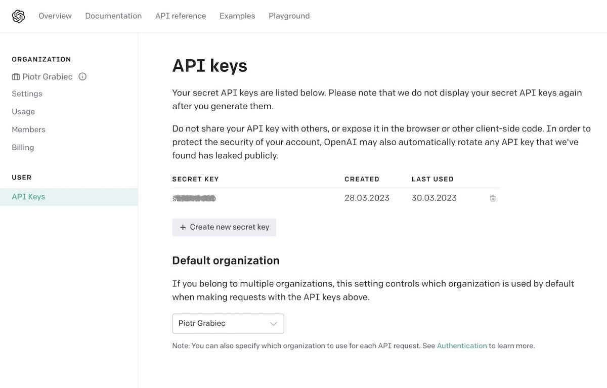 Open AI i API Key - strona do generowania sekretnego klucza 