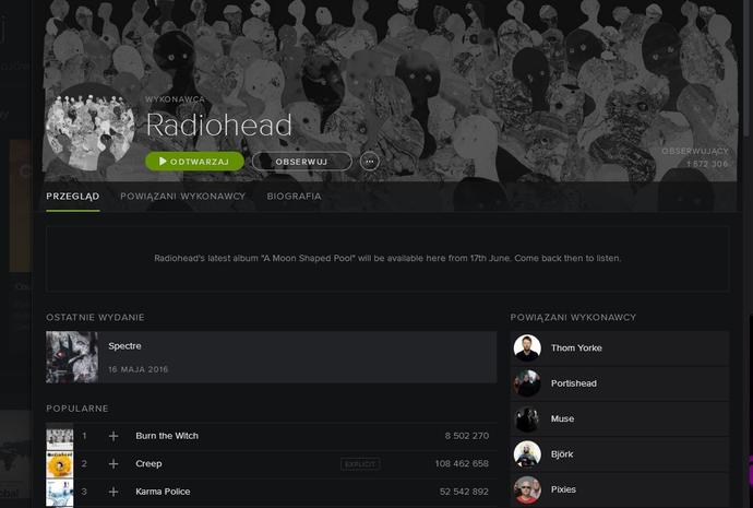 Nowa płyta Radiohead będzie dostępna na Spotify